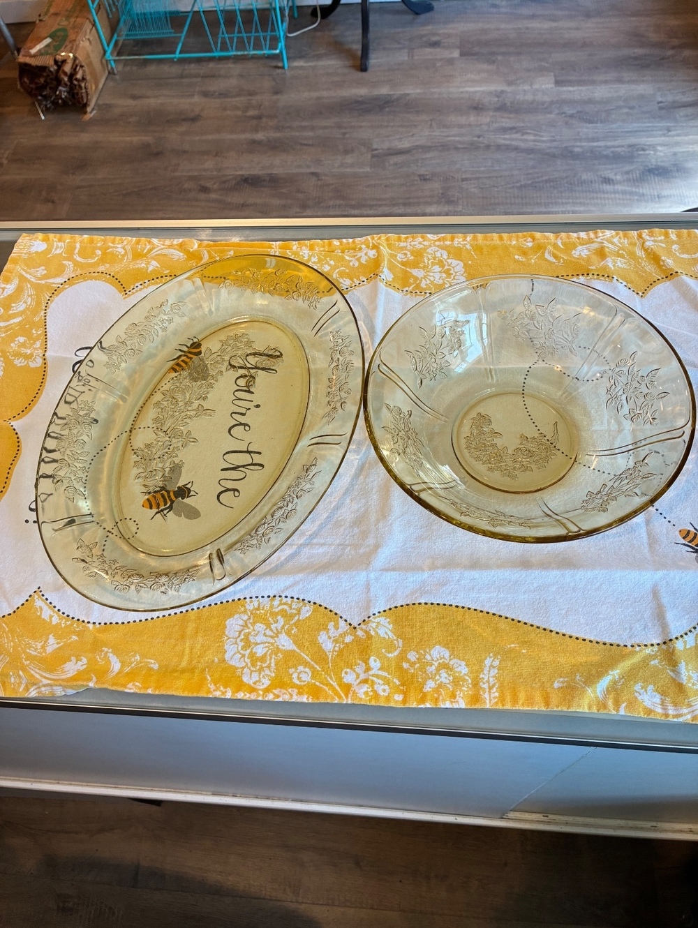Federal Glass Vintage Sharon Amber 12.5" Platter & 8" Fruit Bowl Set
